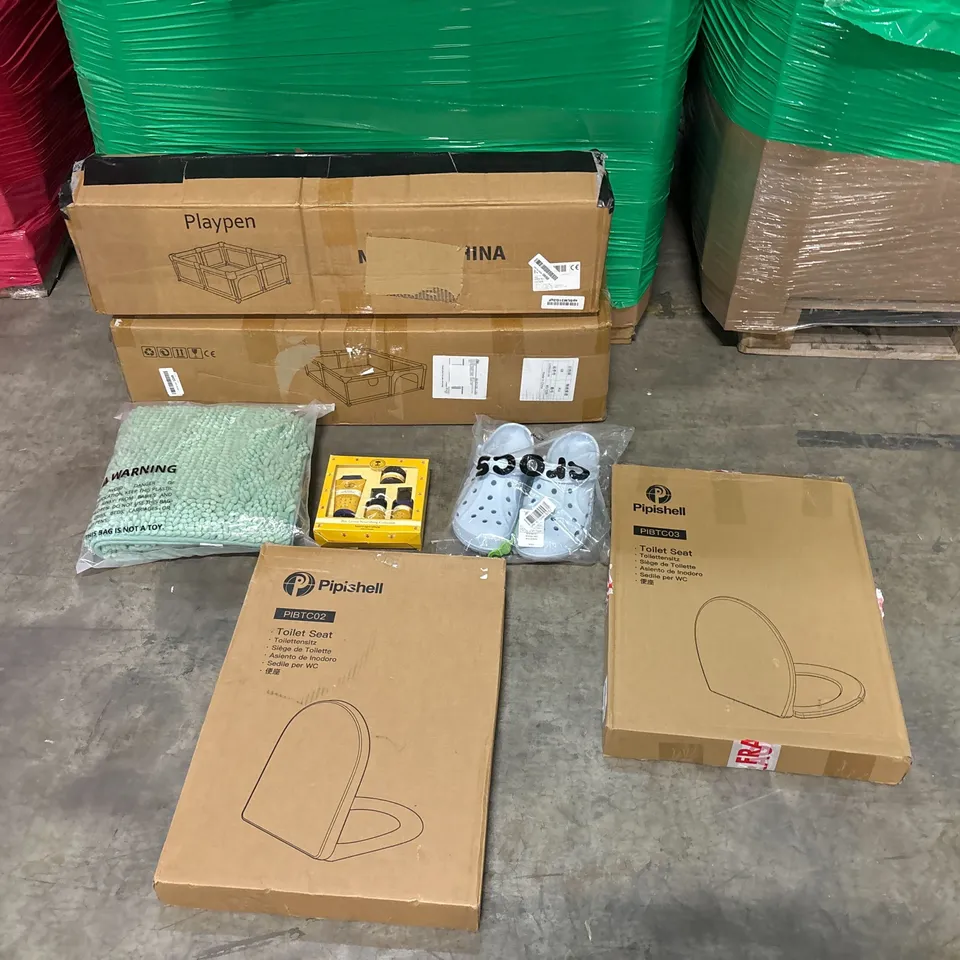 PALLET OF ASSORTED CONSUMER PRODUCTS TO INCLUDE: PLAYPENS, TOILET SEATS, NEAL'S YARD BEAUTY SET, CROSS, BATH MAT ECT