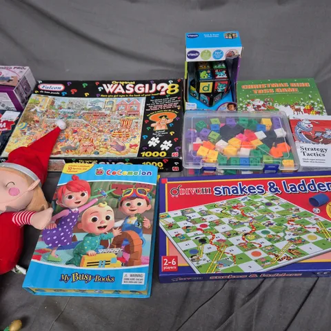 QUANTITY OF ASSORTED TOYS TO INCLUDE JIGSAWS, RING TOSS GAEM, AND SNAKES & LADDERS ETC.  