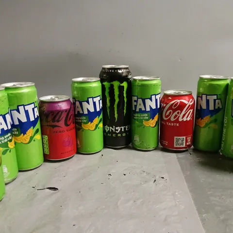 APPROXIMATELY 11 ASSORTED DRINK PRODUCTS TO INCLUDE MONSTER ENERGY (500ml), COCA COLA (330ml), FANTA CREAM SODA (320ml), ETC - COLLECTION ONLY