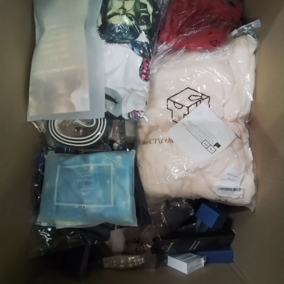 BOX CONTAINING VARIOUS BAGGED CLOTHING ITEMS AND MIXED DRESS UP/COSTUME JEWELLERY IN SILVER AND SILVER PLATE ECT.