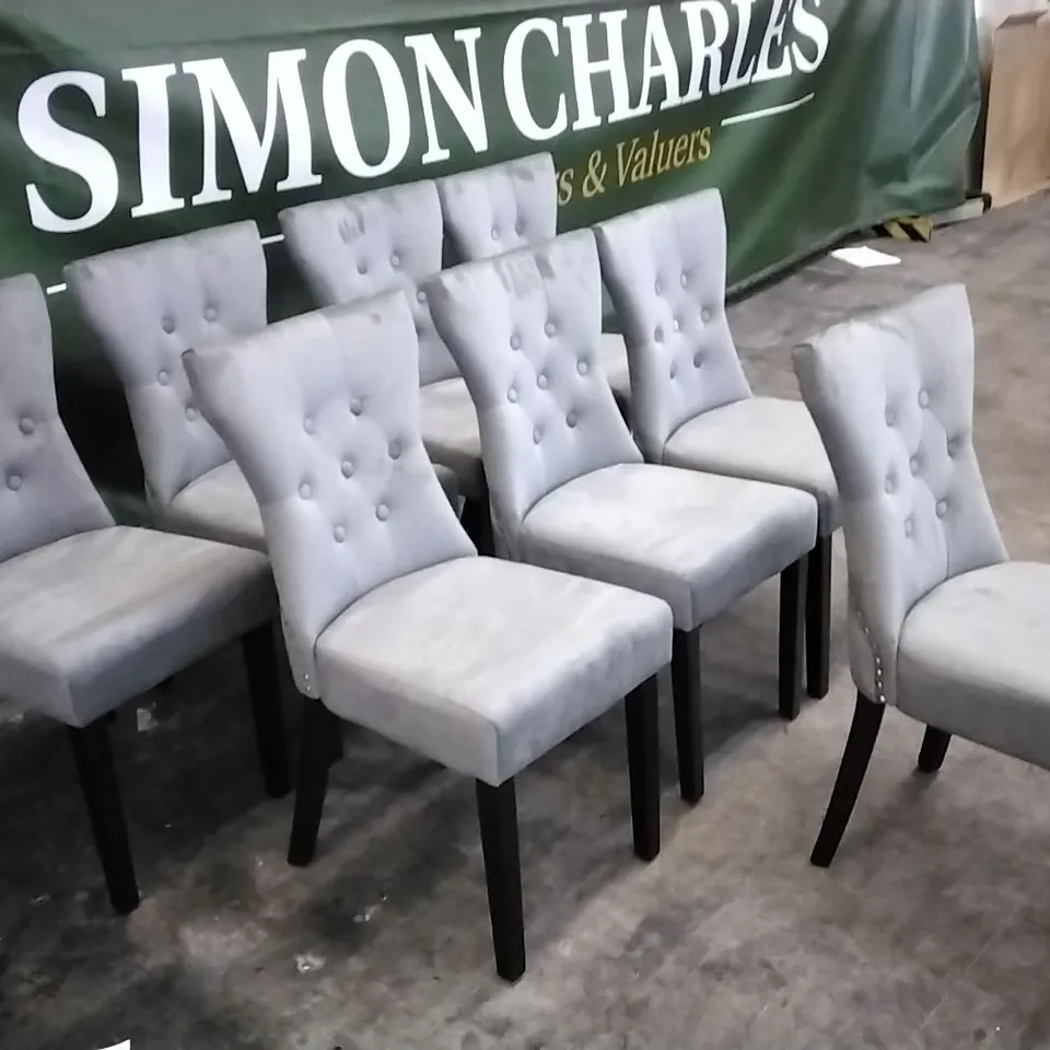 8 LIGHT GREY PLUSH VELVET BUTTONBACK DINING CHAIRS WITH KNOCKER BACKS AND WOODEN LEGS