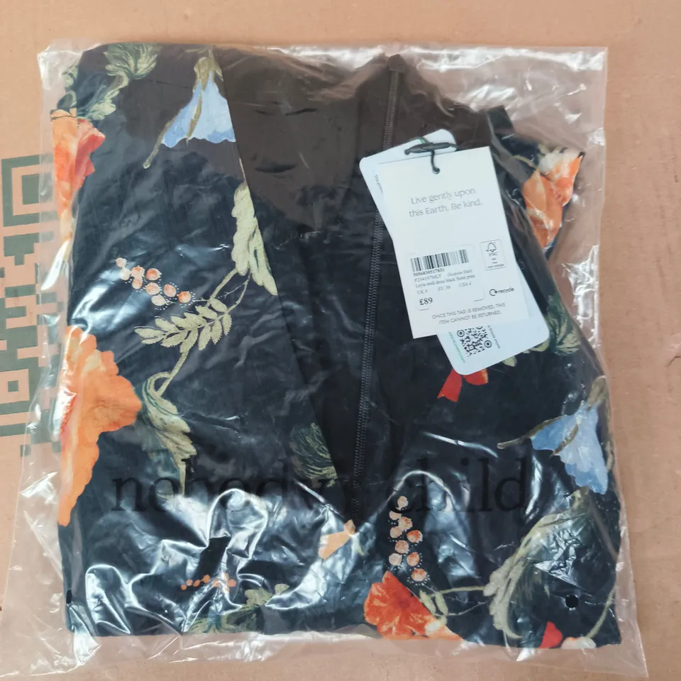 BAGGED NOBODY'S CHILD LAYLA MIDI DRESS IN BLACK/FLORAL PRINT SIZE UK 8