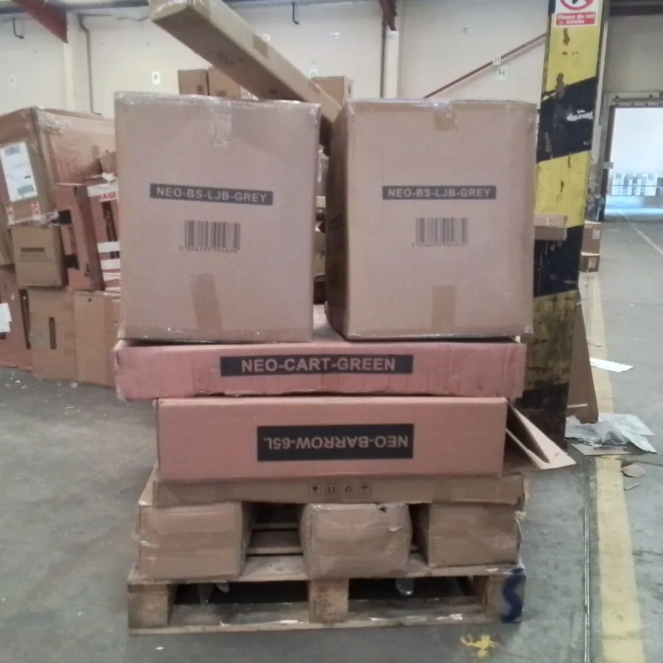 PALLET OF NEO PRODUCTS AND ASSORTED HOUSEHOLD GOODS TO INCLUDE;DINING CHAIRS,MIRROR,WHEEL BARROW,GAZEBOS,TROLLEY CART