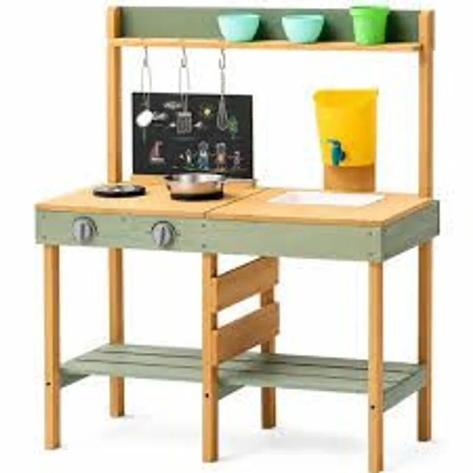 BOXED NEO KIDS WOODEN OUTDOOR MUD KITCHEN WATER TAP SINK CHALKBOARD