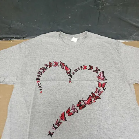BOX OF APPROXIMATELY 20 LADIES T-SHIRTS - GREY WITH BUTTERFLY HEART MOTIF - SIZES MAY VARY