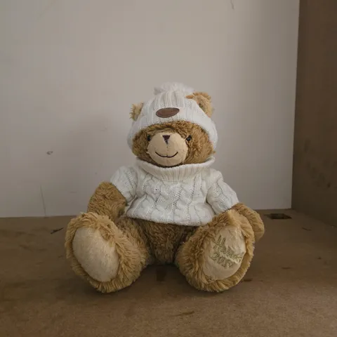 HARRODS TEDDY BEAR WITH WHITE KNIT HAT AND JUMPER