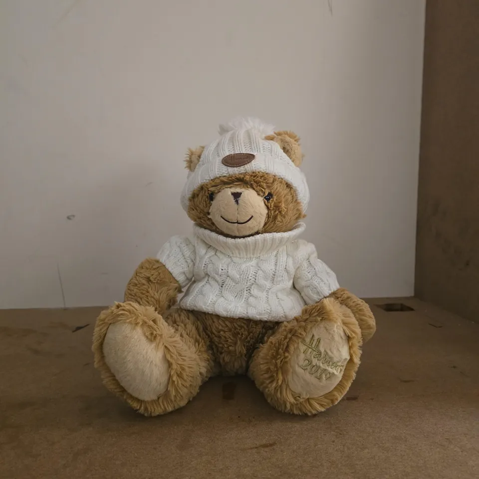 HARRODS TEDDY BEAR WITH WHITE KNIT HAT AND JUMPER