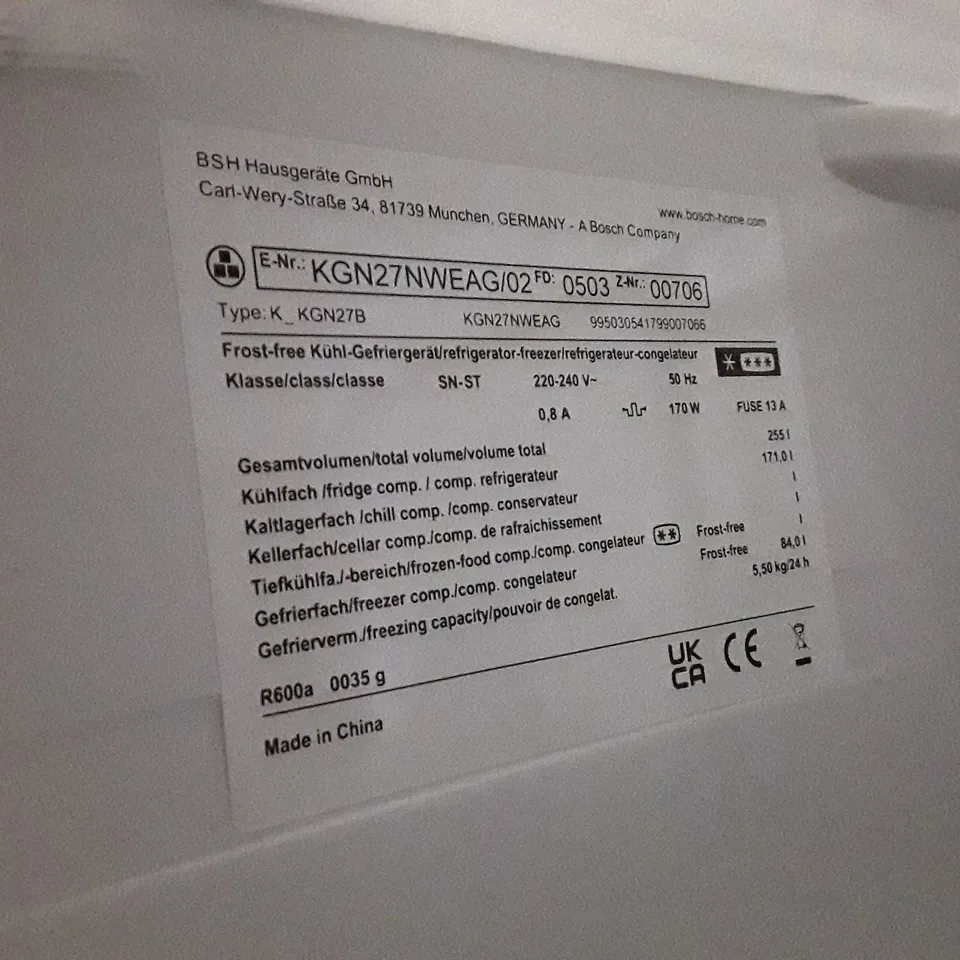 BOSCH KGN27NWEAG SERIES 2 55CM FROST FREE FRIDGE FREEZER - WHITE, 1.82M 