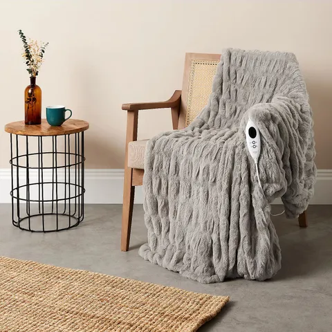 COZEE HOME LUXURY RUCHED FAUX FUR & VELVETSOFT HEATED THROW W/9 HEAT SETTINGS IN LIGHT GREY