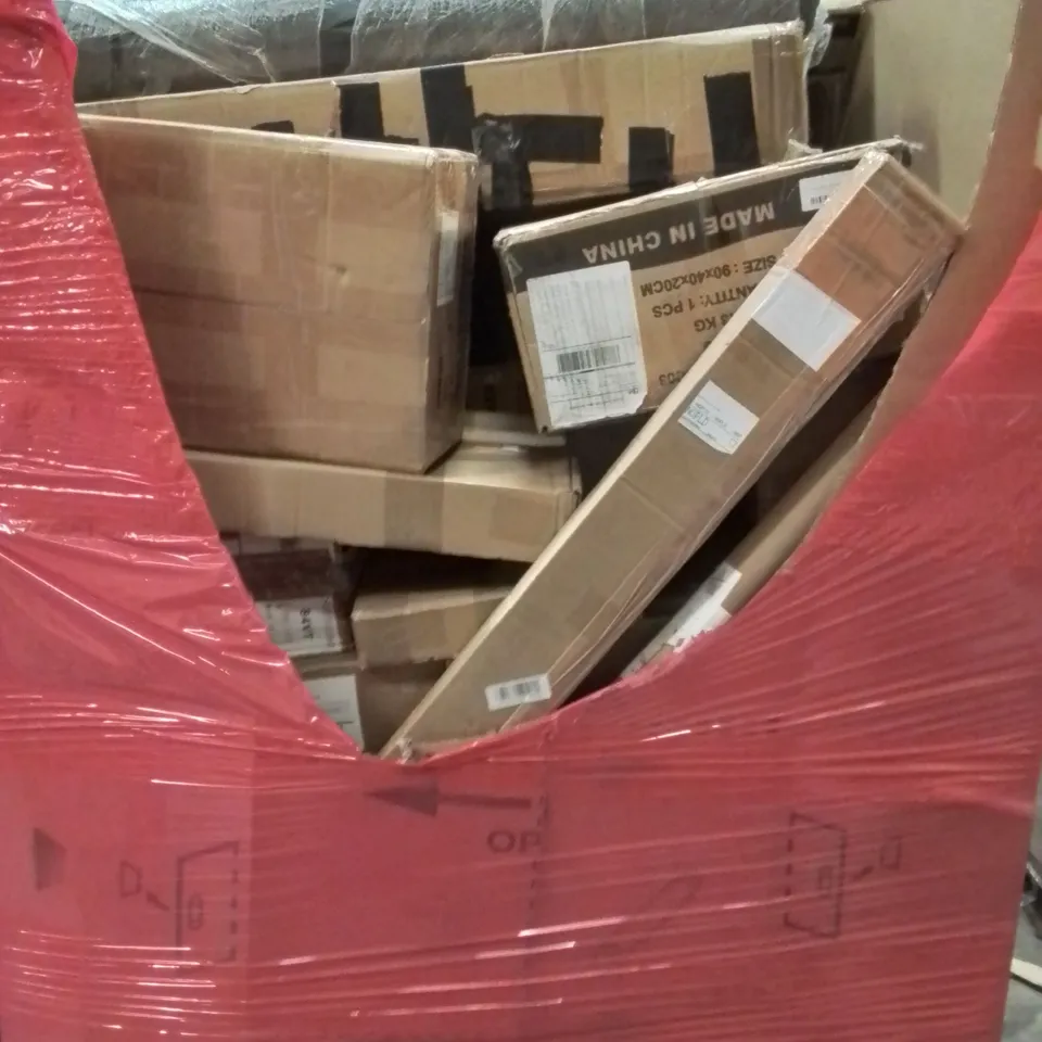 PALLET CONTAINING VARIOUS ASSORTED BOXED HOUSEHOLD ITEMS TO INCLUDE: SLIDING EXERCISE MACHINE, WALKING VIBRATION PLATE, DEWALT VACUUM CLEANER AND LOTS MORE UNMARKED BOXED ITEMS