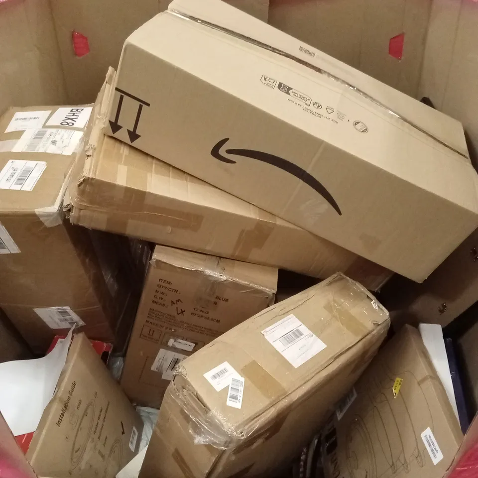 PALLET OF ASSORTED HOUSEHOLD GOODS & PRODUCTS TO INCLUDE; COMPUTER CASE, GAMING KEYBOARD, COMPUTER MONITOR, TV FLOOR STAND ETC