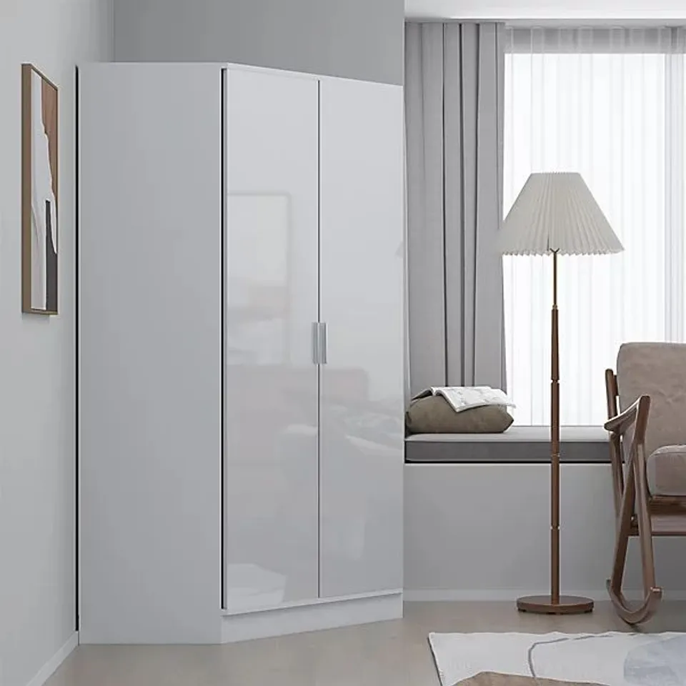 BOXED REFLECT 2 DOOR CORNER WARDROBE - WHITE GLOSS/MATT WHITE (3 BOXES)