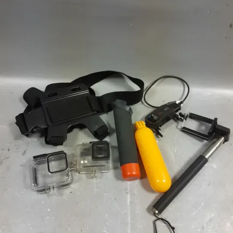 APPROXIMATELY 40 ASSORTED GO-PRO ACCESSORIES TO INCLUDE STRAPS, PROTECTIVE CASES, FLOATS ETC