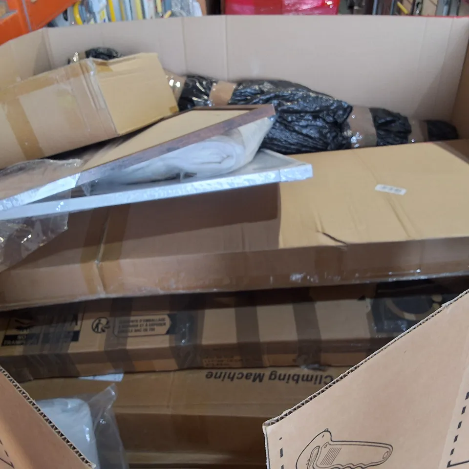 PALLET OF ASSORTED HOUSEHOLD ITEMS TO INCLUDE CEILING FAN LIGHT, DARTBOARD STAND AND CURB RAMP