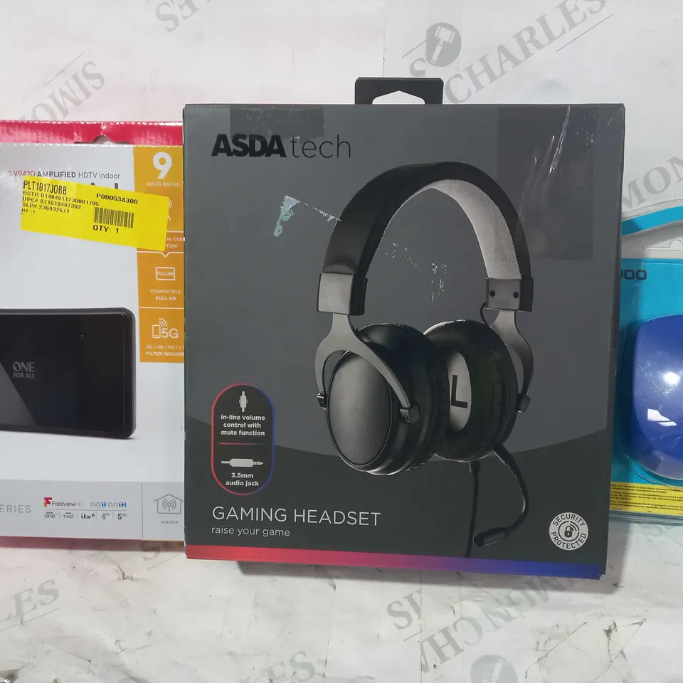 BOX OF APPROXIMATELY 20 ASSORTED ELECTRICAL ITEMS TO INCLUDE RAPOO M100 SILENT MOUSE, ASDA TECH GAMING HEADSET, ONE FOR ALL INDOOR AERIAL, ETC