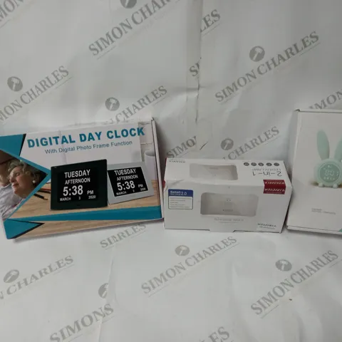 APPROXIMATELY 20 ASSORTED ITEMS TO INCLUDE DIGITAL DAY CLOCK, CUTE RABBIT ALARM CLOCK, LED UV NAIL LAMP ETC.