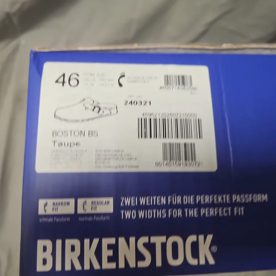 BOXED BIRKENSTOCK BOSTON SUEDE SANDALS – TAUPE, EU 46 (UK 11)