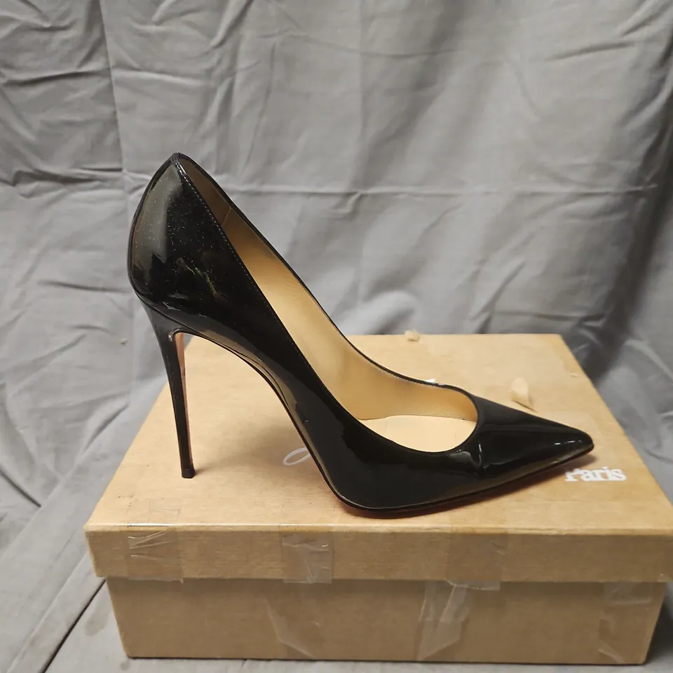 CHRISTIAN LOUBOUTIN KATE 100 BLACK PATENT PUMPS, UK 6 (EU 39) – BOXED