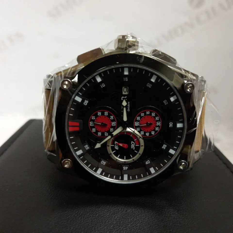 LATOR CALIBRE BLACK & RED TRIPLE DIAL SUEDE LEATHER STRAP WATCH RRP £635