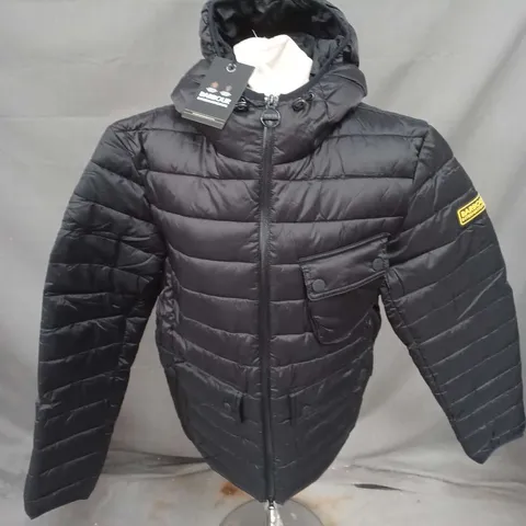 BARBOUR INTERNATIONAL RACER OUSTON HOODED QUILT JACKET IN BLACK SIZE L