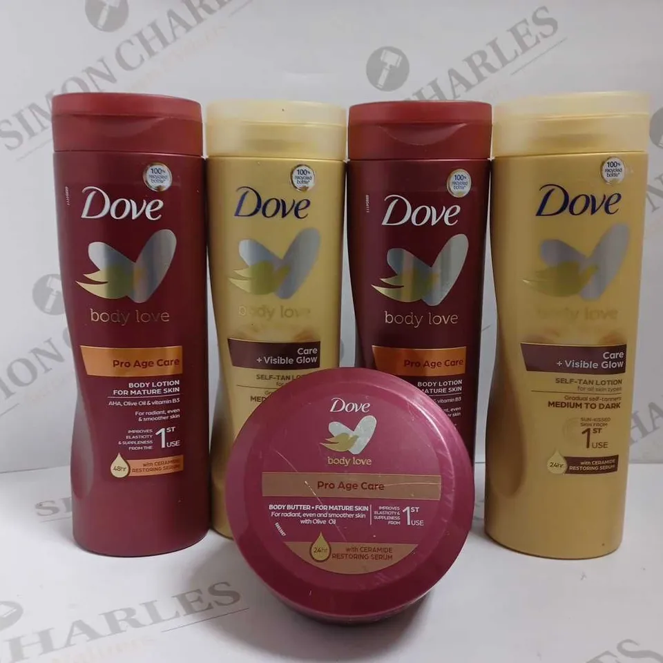 BOX OF APPROX 5 DOVE ITEMS TO INCLUDE PRO AGE CARE BODY LOTION AND SEL TAN LOTION - 4X400ML AND 1X250ML TUB