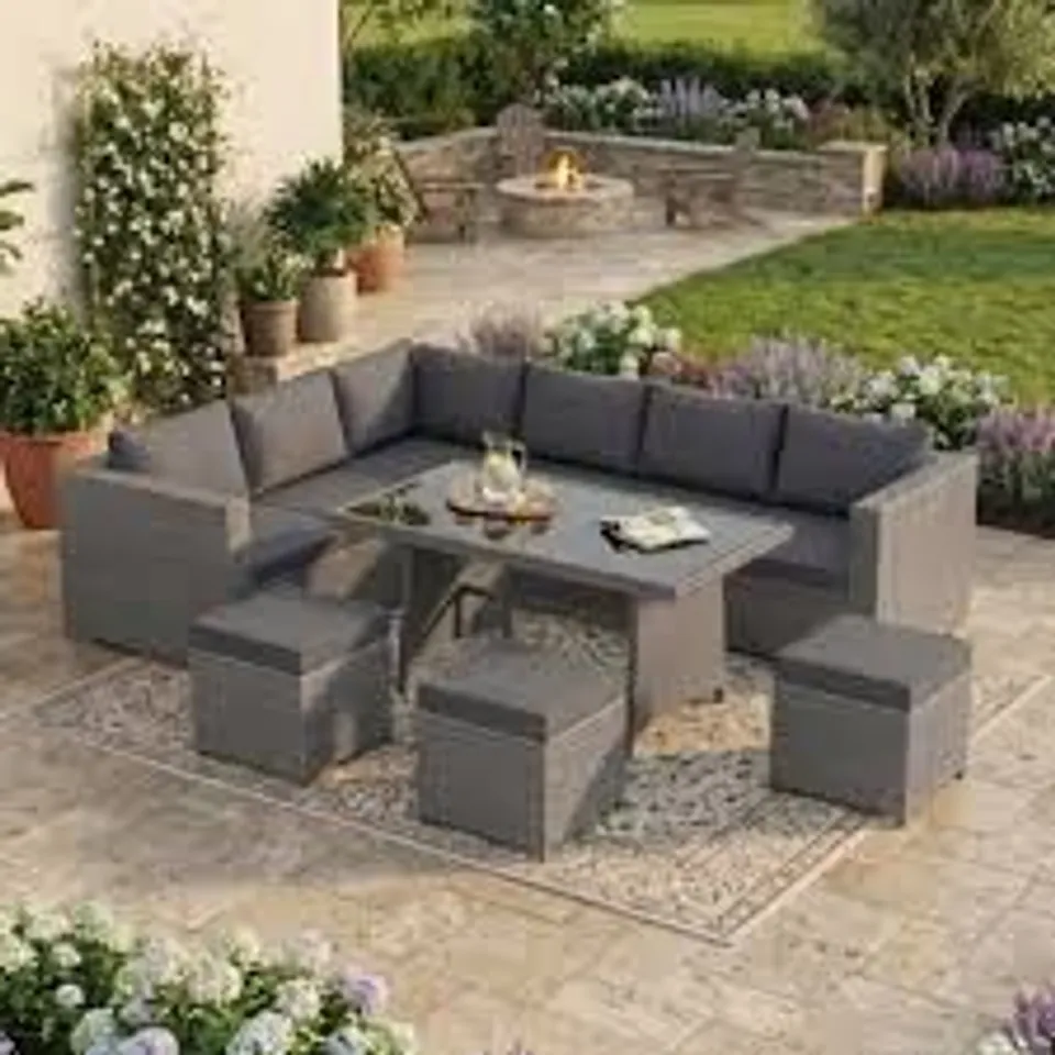 BOXED GARDEN VIDA BELGRAVE RATTAN EFFECT 9 SEATER GARDEN DINING SET GREY (4 BOXES)