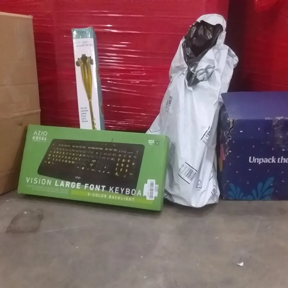 PALLET OF ASSORTED BOXED ITEMS SUCH AS GROUND SPIKE,  SKATE BOARD,  SHIMMERY PANEL,  LARGE FONT KEYBOARD , FOLDABLE.E EMOTION SCOOTER 