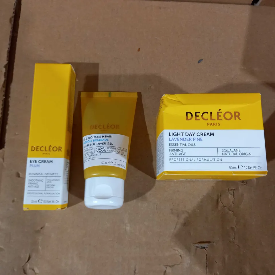 DECLEOR SKINCARE SET TO INCLUDE LIGHT DAY CREAM LAVENDER FINE, EYE CREAM PLUM AND BATH/SHOWER GEL NEROLI