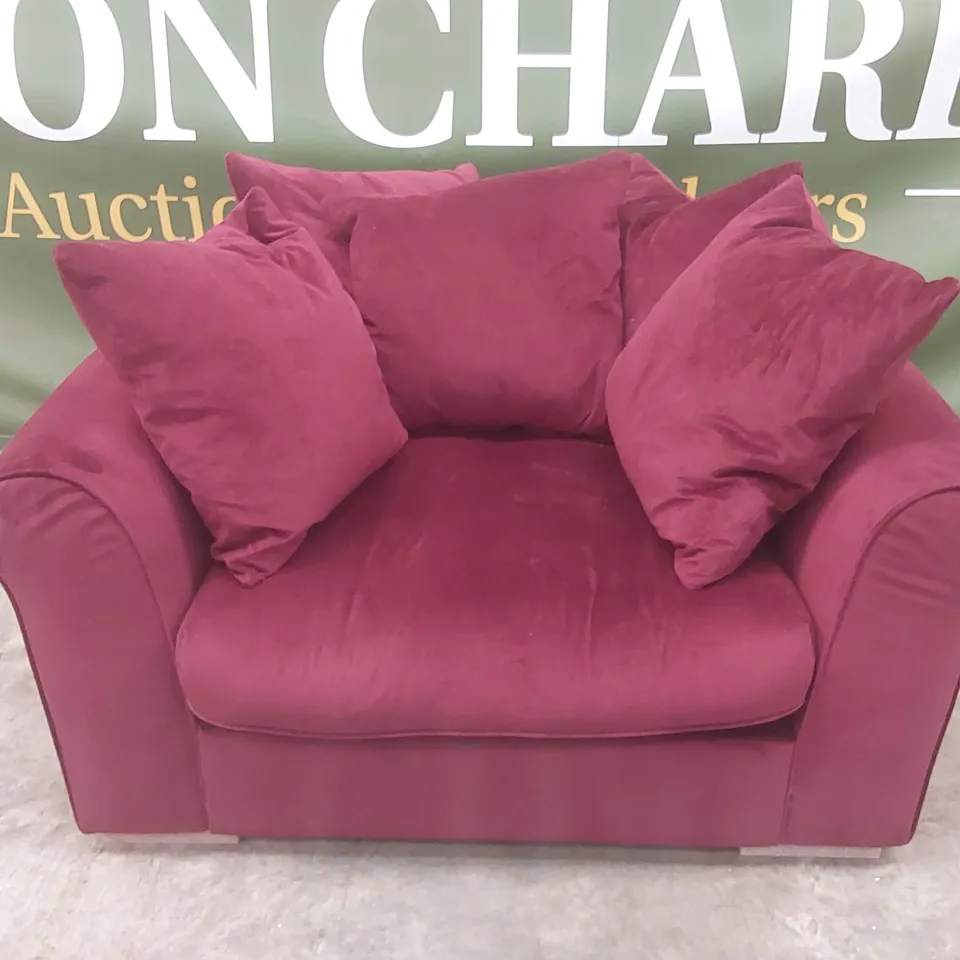 QUALITY DESIGNER EX DISPLAY VELVET LOVESEAT - WINE RED