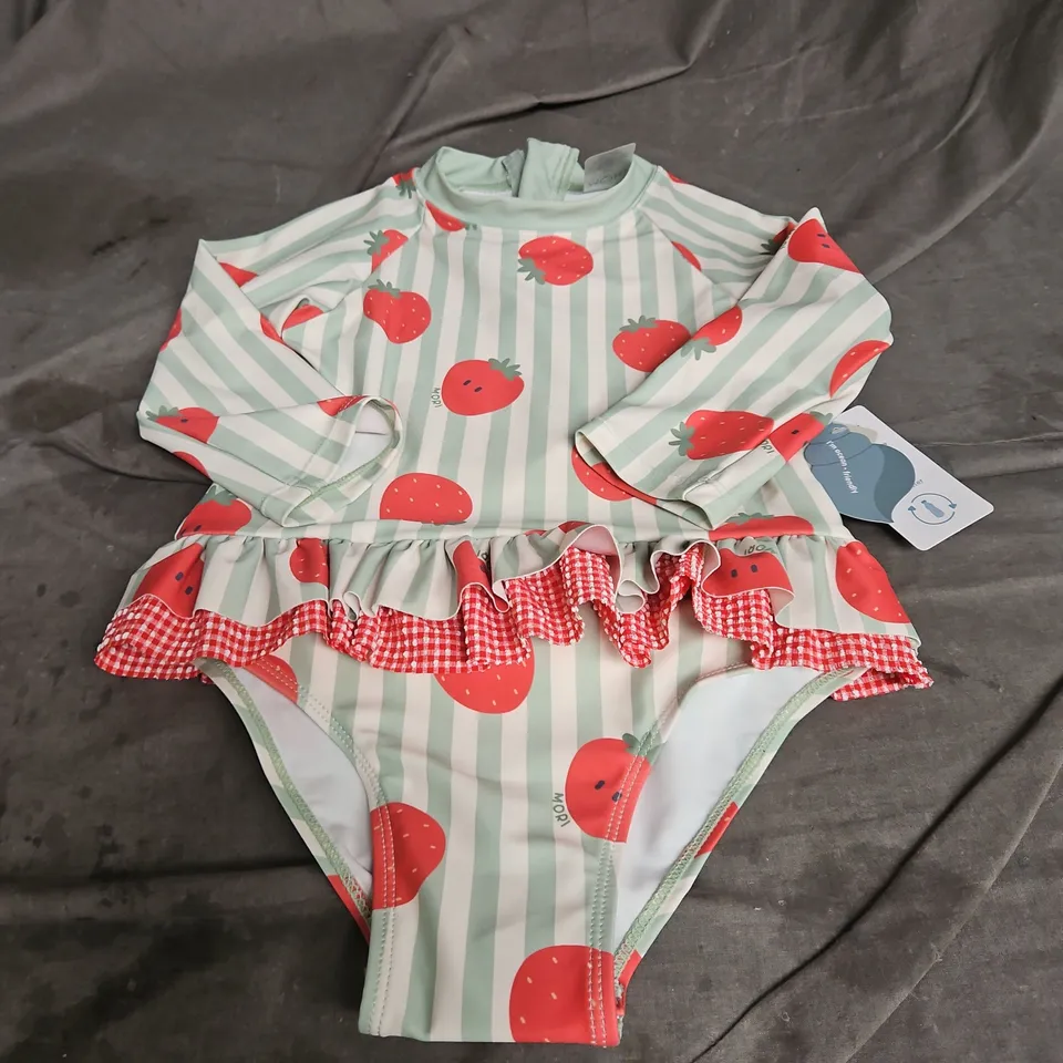 MORI SUNSAFE FRILL SWIMSUIT IN STRAWBERRY & GREEN STRIPE SIZE 4-5YRS