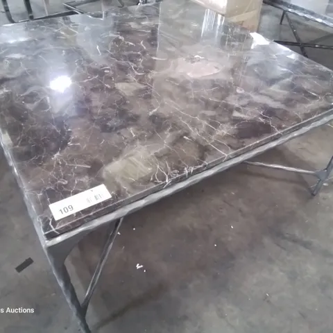 DESIGNER LARGE SQUARE BLACK MARBLE COFFEE TABLE ON METAL SUPPORTS 