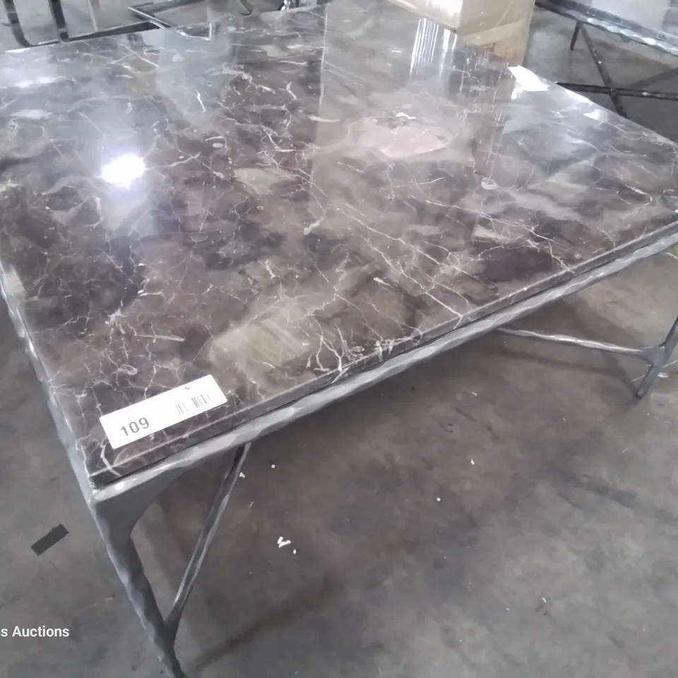 DESIGNER LARGE SQUARE BLACK MARBLE COFFEE TABLE ON METAL SUPPORTS 