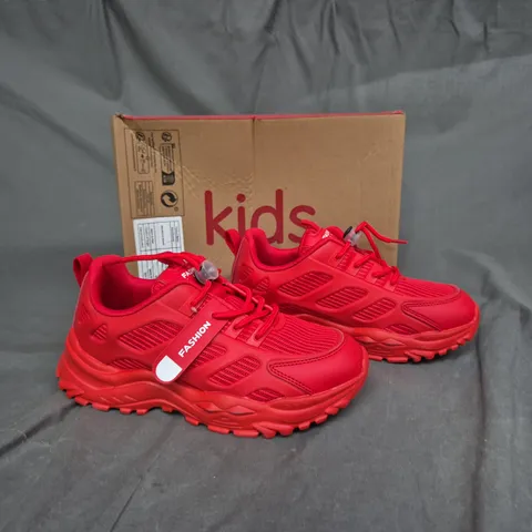 BOXED PAIR OF KIDS FASHION RED TRAINERS - SIZE 35