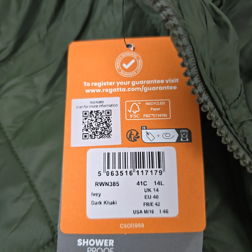 REGATTA GREAT OUTDOORS WOMEN'S PUFFER JACKET – UK 14, DARK KHAKI (SHOWERPROOF)