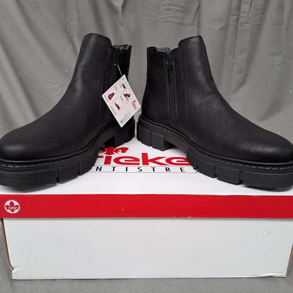 BOXED PAIR OF RIEKER CHUNKY ANKLE BOOTS IN BLACK - SIZE 6