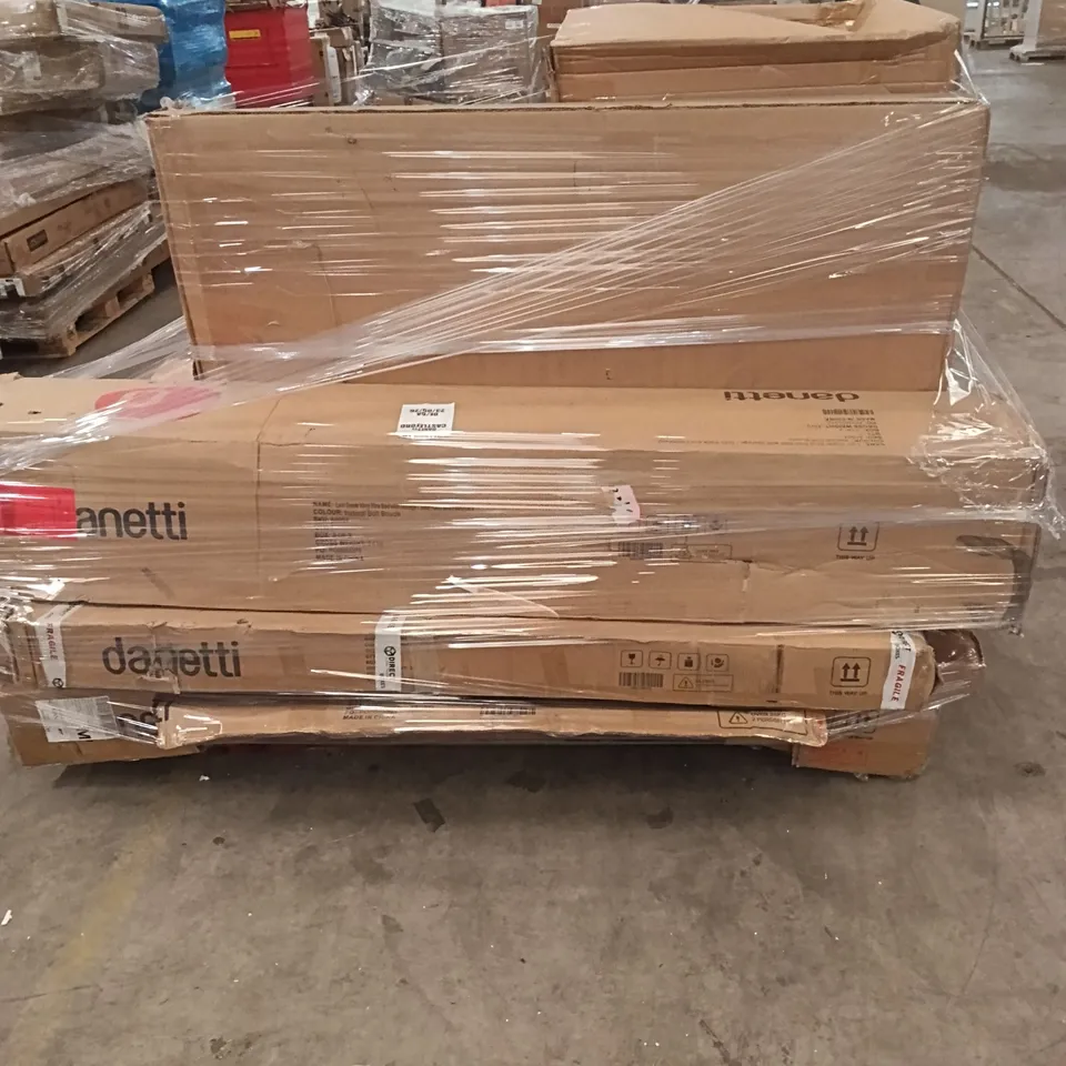 PALLET OF ASSORTED INCOMPLETE FURNITURE PARTS INCLUDING, SUPER KING SIZE BED, DOUBLE SIZE BED, DINING BENCH