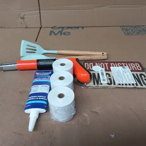 TOTE OF APPROXIMATELY 15 ASSORTED ITEMS TO INCLUDE MOULD MAGIC, TILL CUSTOMER RECEIPT ROLLS, KITCHEN AIDS, "DO NOT DISTURB IM GAMING" SIGN, MINI SILENCING FIXER ETC