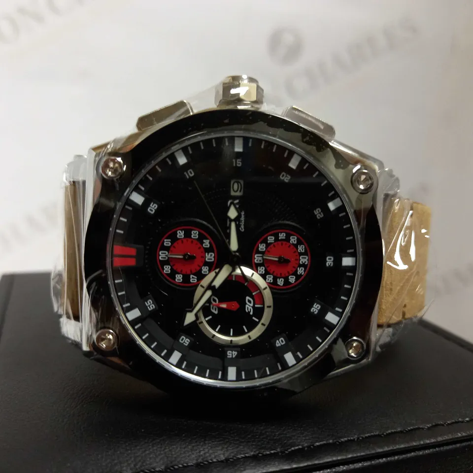 LATOR CALIBRE BLACK & RED TRIPLE DIAL SUEDE LEATHER STRAP WATCH RRP £635