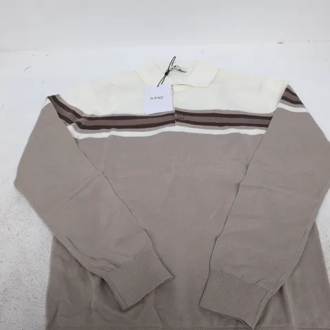 ARNE COTTON KNITTED COLOUR-BLOCK POLO SHIRT – TAUPE SIZE S 