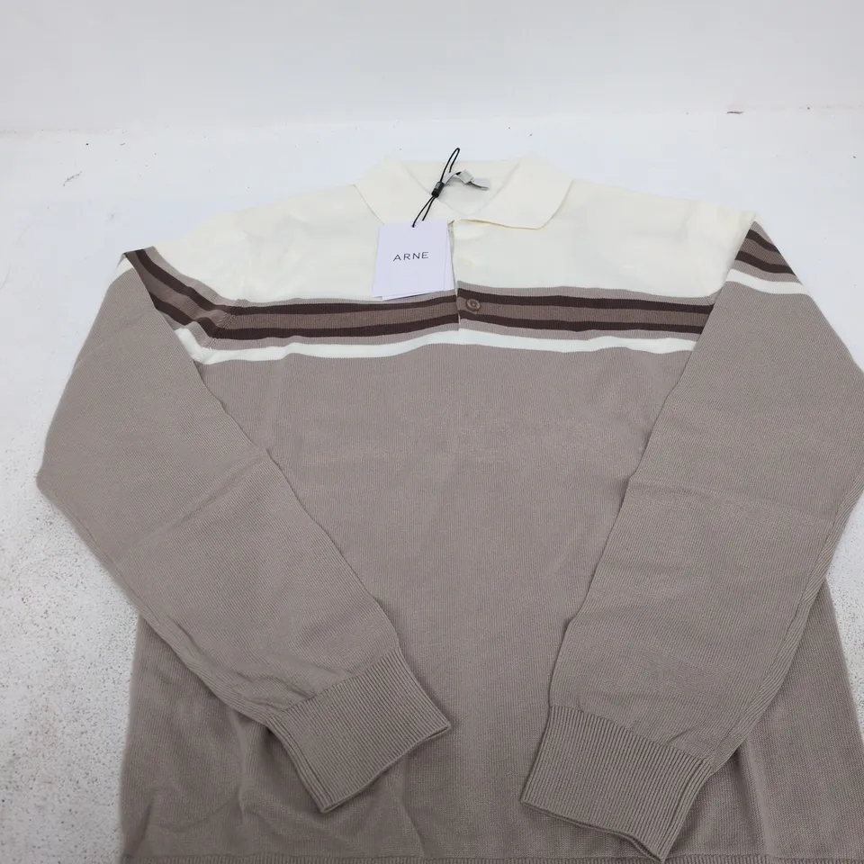 ARNE COTTON KNITTED COLOUR-BLOCK POLO SHIRT – TAUPE SIZE S 