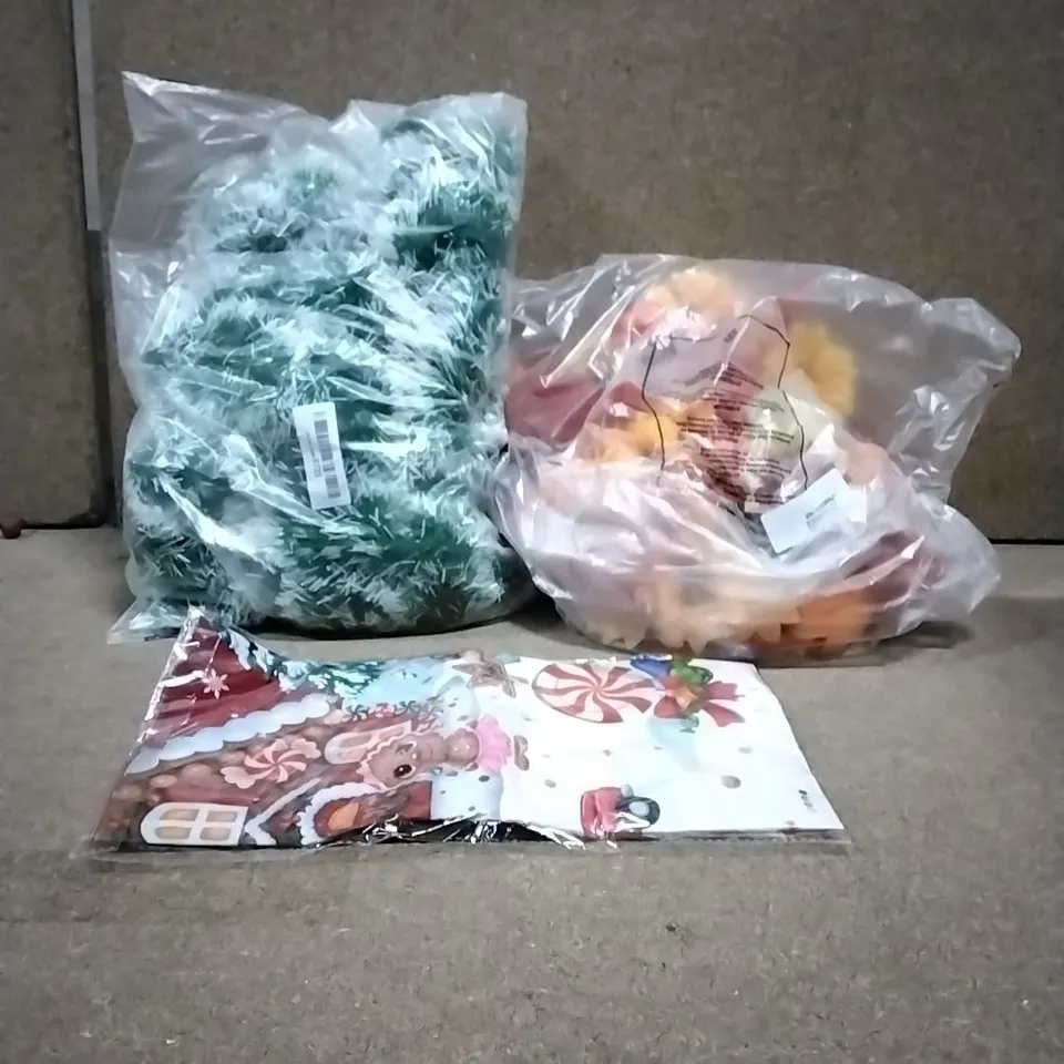 LOT OF VARIOUS ASSORTED HOUSEHOLD ITEMS TO INCLUDE: CHRISTMAS WRAPPING, WINTER LEAVES DECORATION, SUNFLOWER GARLAND ETC