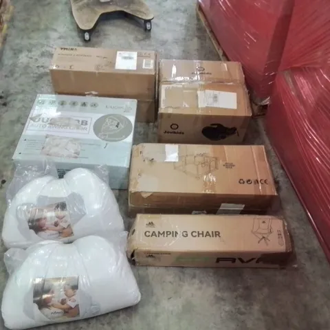 PALLET OF ASSORTED ITEMS INCLUDING: AUTO SWING BABY CHAIR, CAMPING CHAIR, KIDS TRICYCLE, BABY PILLOWS, PLAYPEN, BABY SEAT ECT