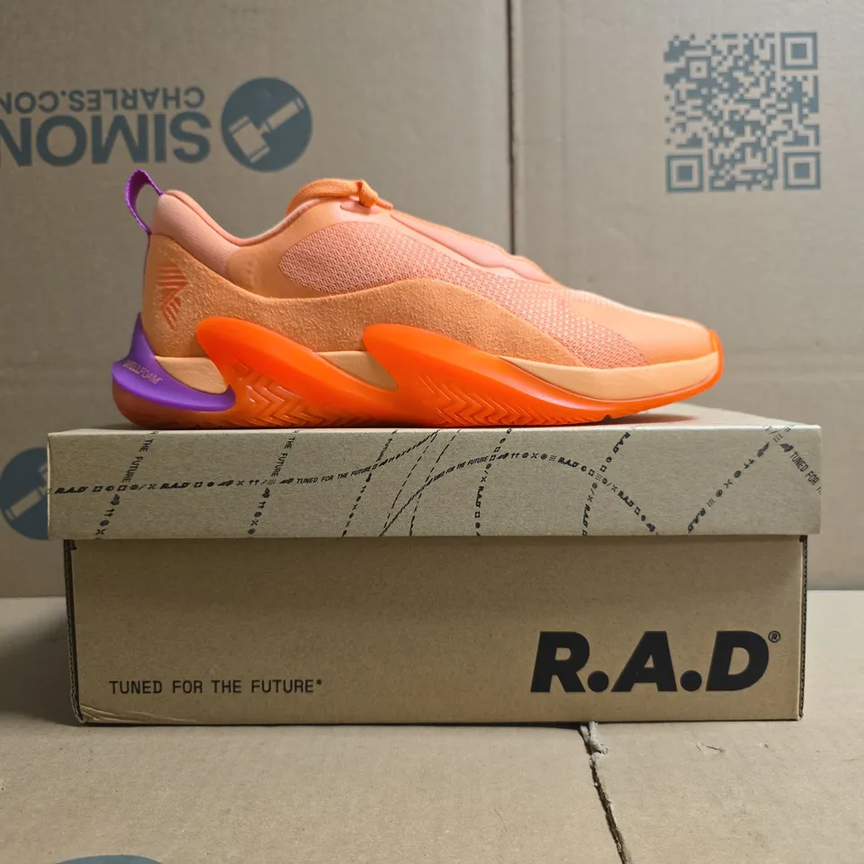 BOXED PAIR OF R.A.D ONE V2 TRAINERS IN CADMIUM ORANGE/VIVID FUCHSIA SIZE UK 6