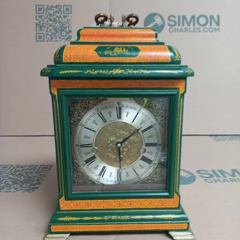 DECORATIVE MANTEL CLOCK – GREEN & ORANGE WITH BRASS DIAL