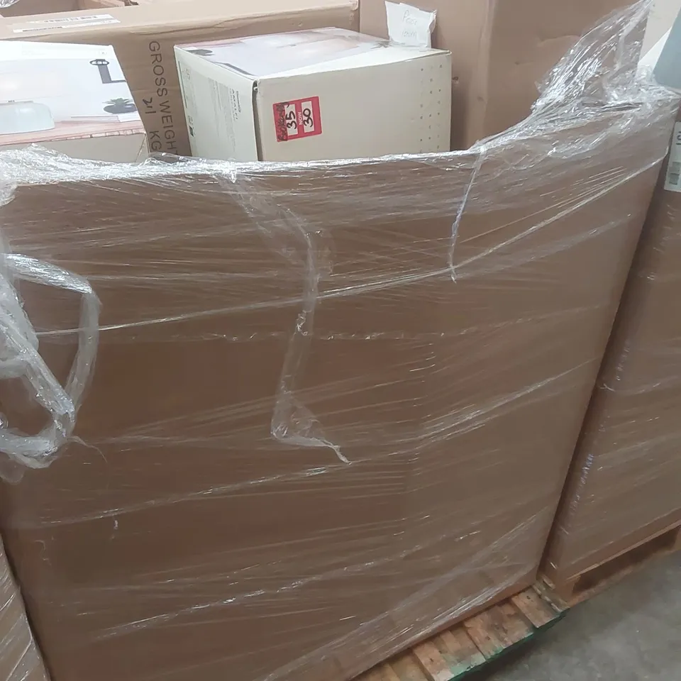 PALLET CONTAINING A VERY LARGE QUANTITY OF ASSORTED DESIGNER LIGHTING PRODUCTS INCLUDING: AMALFI TABLE LAMPS, HURRICANE PENDANT LIGHT, TRIO FLOOR LIGHT ECT