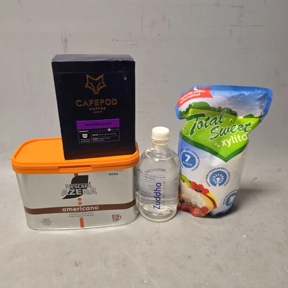 APPROXIMATELY 8 ASSORTED FOOD & DRINK ITEMS TO INCLUDE - CAFEPOD COFFEE INTENSE ROAST , NESCAPE AZERA AMERICANO ETC