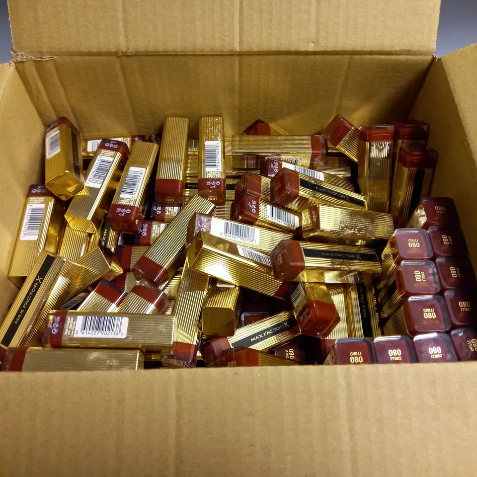 BOX OF ASSORTED MAX FACTOR LIPSTICK. VARIOUS COLOURS