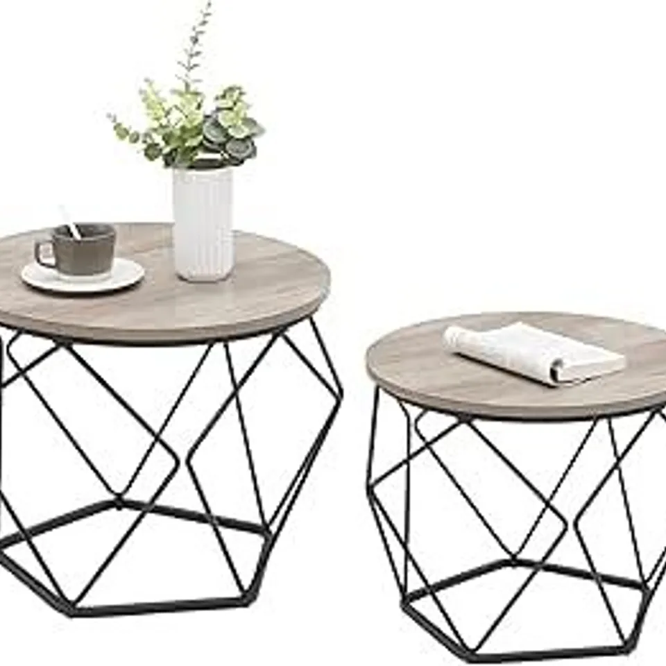 BOXED VASAGLE ROUND COFFEE TABLE, SET OF 2, GREY-BEIGE AND BLACK