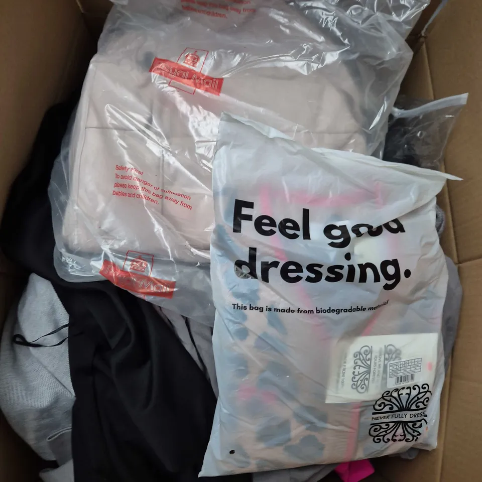 LARGE BOX OF APPROXIMATELY 25 ASSORTED CLOTHING ITEMS IN VARIOUS COLOURS, STYLES AND SIZES - COLLECTION ONLY