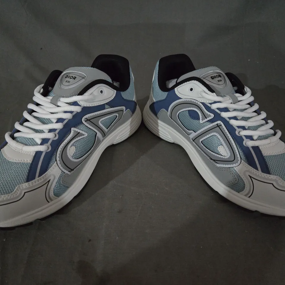 BOXED PAIR OF DIOR B30 MICROFIBER MESH SHOES IN LIGHT BLUE/WHITE/BLUE/GREY EU SIZE 42